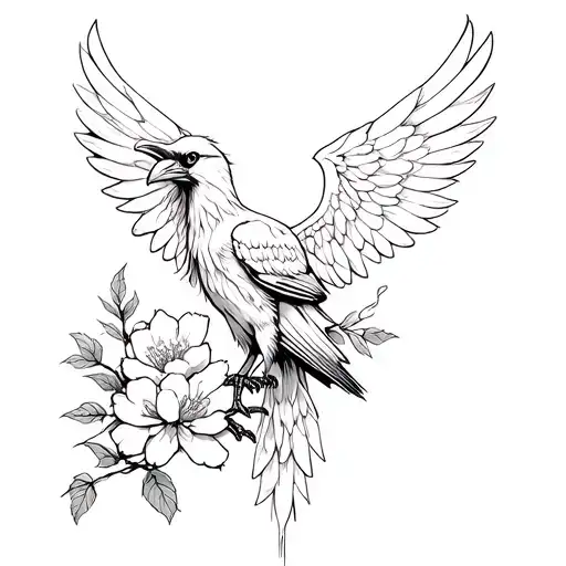 Women's Tattoo On The Chest Raven With Open Wings With Sakura Made Of Thin Lines