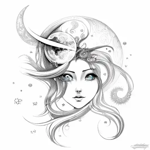 Whimsical Romantic Flowing Hair Celestial Sun And Moon Kissing Elements