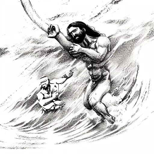 Jesus Pulling Man Out Of Ocean Storm