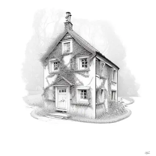 Small Abandoned Cottage Overgrown With Ivy And 2 Kids Outside