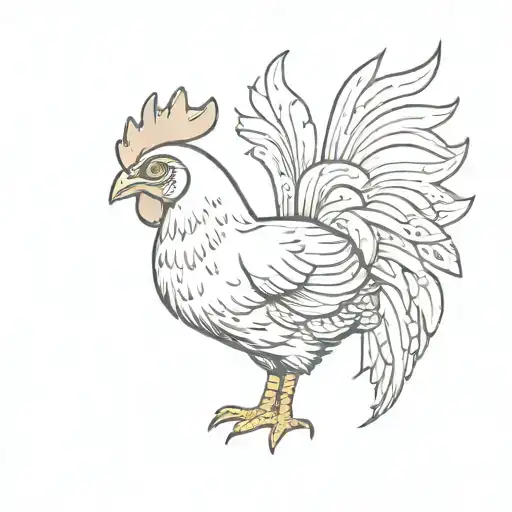 Cute Chicken With Small Wings And Big Tail In Small Crown Drawn With Thin Line