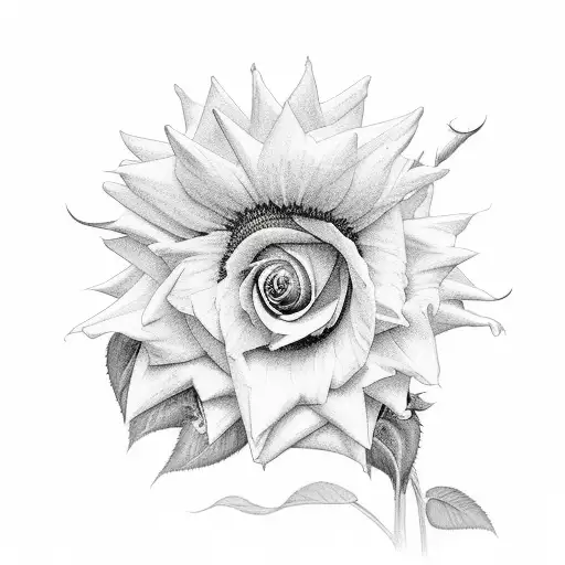 Rose And Sunflower Next To Each Other With A Sun In The Background