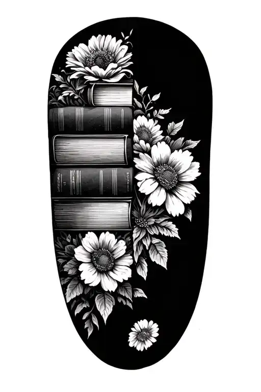 Stack Of Books Behind A Half Sleeve Of Flowers