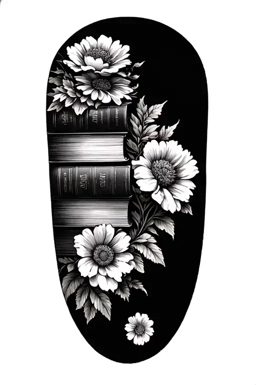 Stack Of Books Behind A Half Sleeve Of Flowers