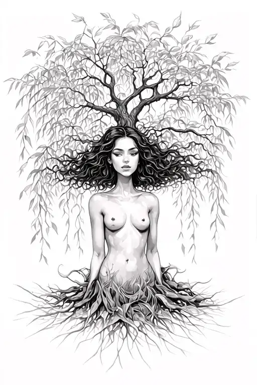 A Black Woman As A Weeping Willow Tree With Her Body As The Tree Stomp And Her Hair As The Leaves
