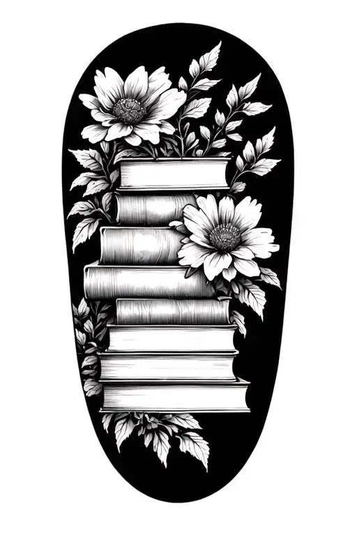 Stack Of Books Behind A Half Sleeve Of Flowers