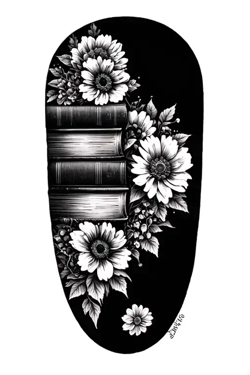 Stack Of Books Behind A Half Sleeve Of Flowers