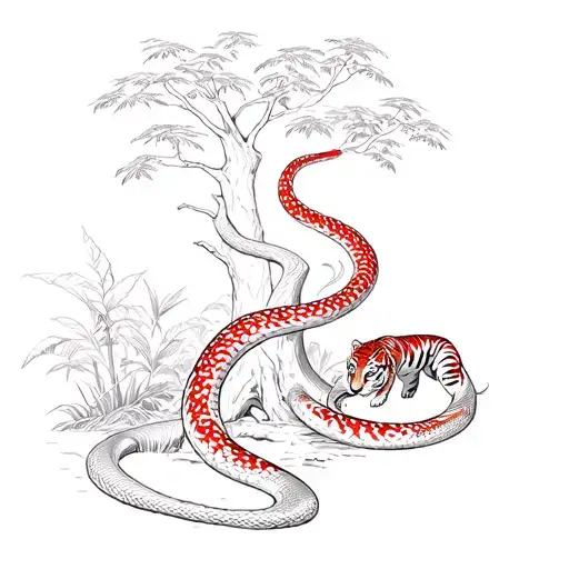Jungle Background Snake Wrapped Around A Tree And A Tiger Red And Black Ink