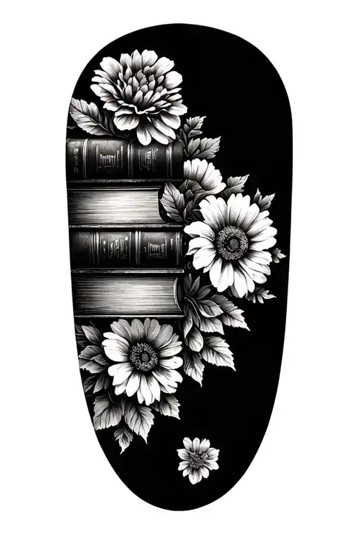 Stack Of Books Behind A Half Sleeve Of Flowers