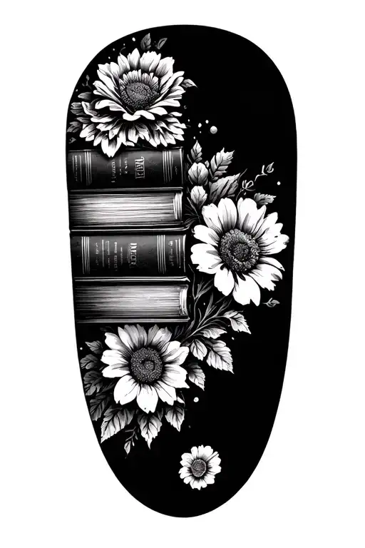 Stack Of Books Behind A Half Sleeve Of Flowers