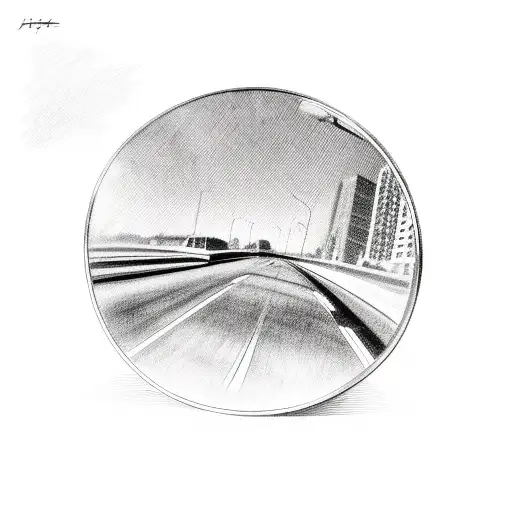A City Skyline Reflected In The Rearview Mirror Of A Vintage Car
