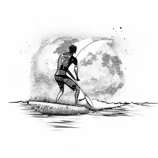 A Mystical Moonlit Beach With A Surfer Playing Guitar