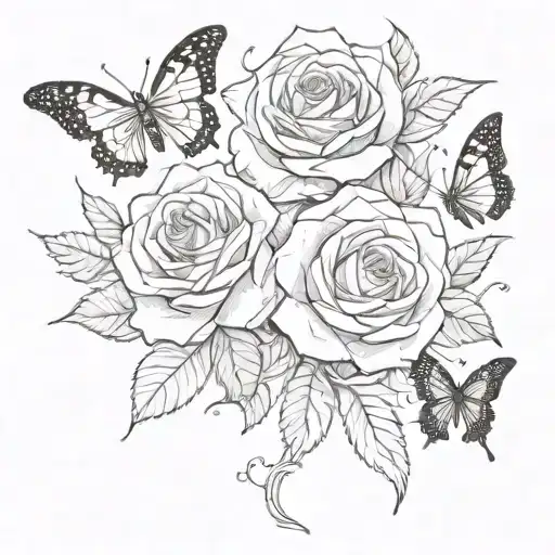 Butterflies Flying Around A Red Rose Intertwined