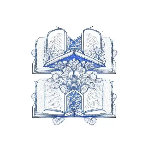 A Minimalist Sketch Of An Open Book With Intricate Blue Floral Patterns Inside