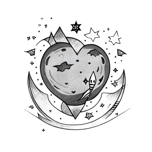 Half Heart-shaped Faced Moon With A Rocket And Stars Around It