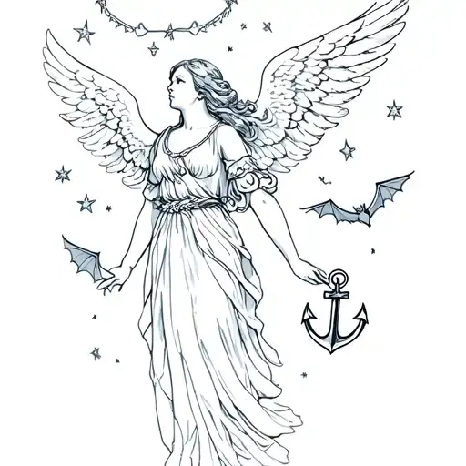 Angelic Angel Reaching Up To Stars With Small Bats Around Her With A Anchor