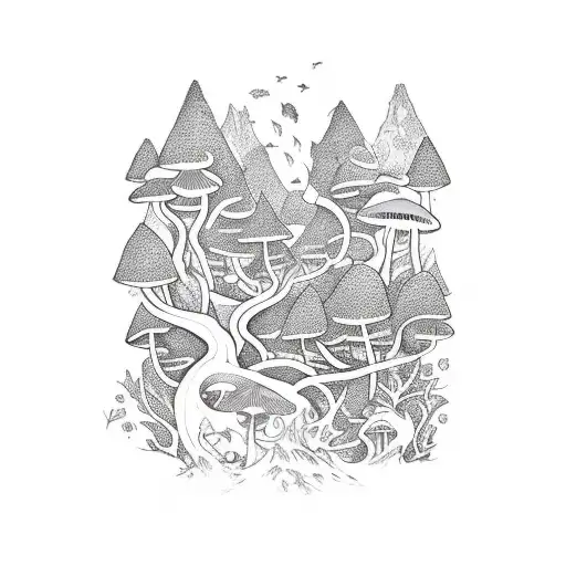 A Gaming-inspired Tattoo Depicting A Magical Forest With Mushrooms And Birds