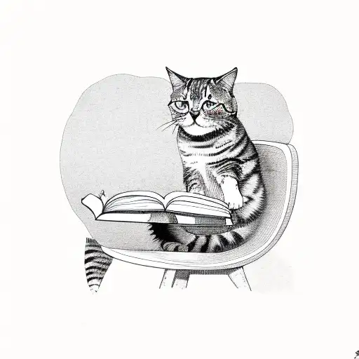 A Cat Reading A Book In A Chair While A Bumblebee Smells The Flower On The Table