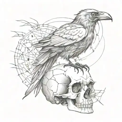Crow Raven Sitting On Human Skull With Spider Webs