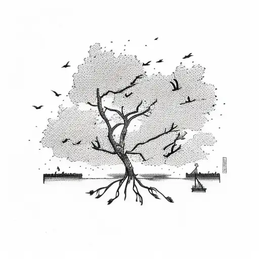 Bird On Branch In Foreground With Murmurations In Background