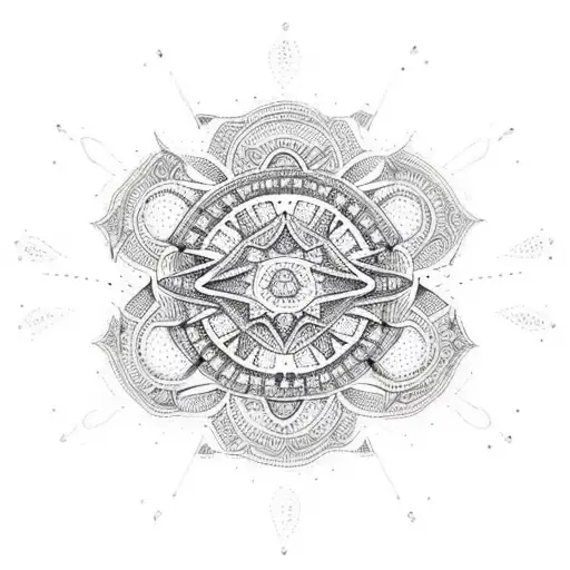 A Dotwork Mandala Incorporating Travel Symbols Like Planes And Suitcases