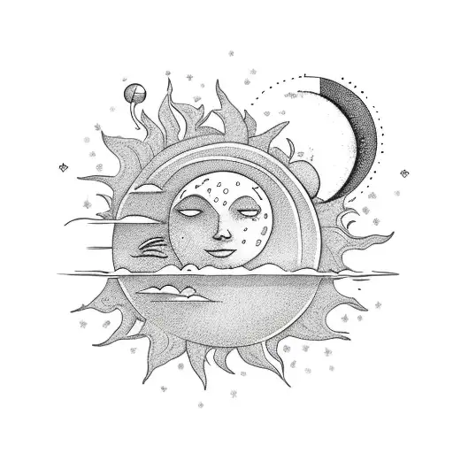 A Romantic Sun And Moon Kissing Surrounded By Nature In A Sketch Style