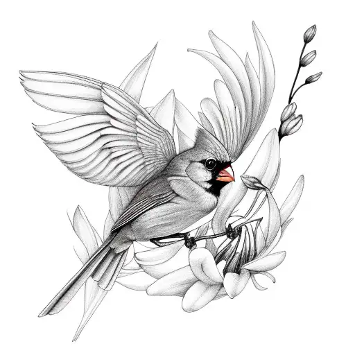 Northern Cardinal Flying Around White Lillies