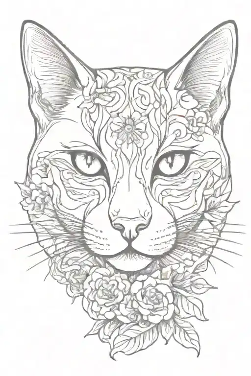 Frontal Cat Face With Flowers On The Sides