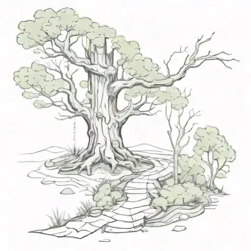 A Sketch Of A Winding Forest Trail Leading To A Hidden Zodiac Symbol Carved Into A Tree Trunk