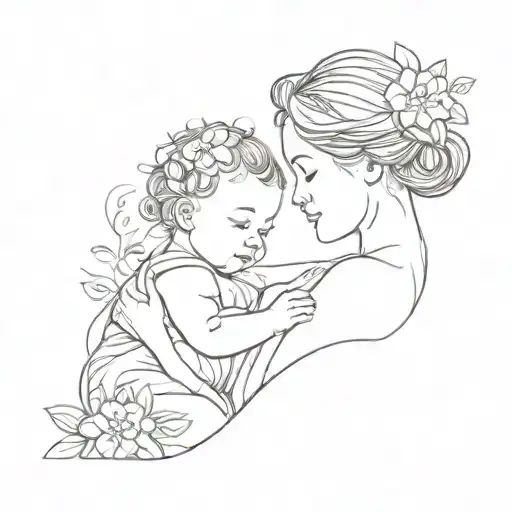Minimalist Sketch Of A Mother And Baby In A Gentle And Abstract Style With Floral Elements