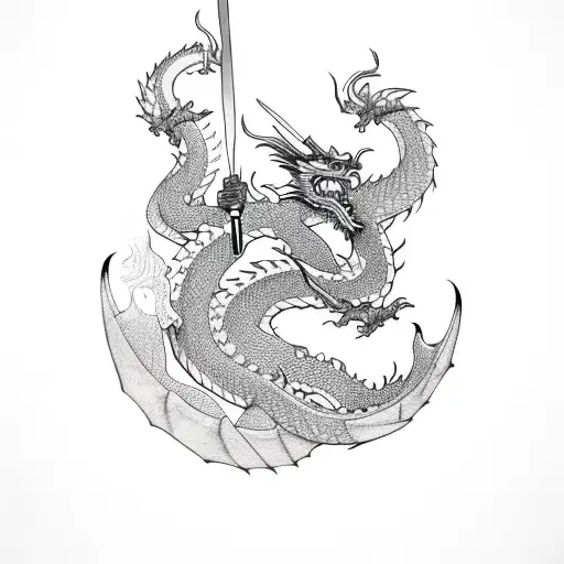 Dragon Flying And Holding A Sword In His Arms