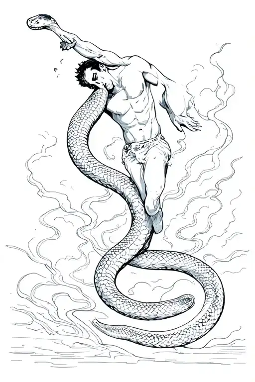 A Man Pulled Up Towards The Sky And Down By The Snake