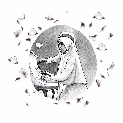 A Nun Playing A Piano With Rose Petals Falling Around Her
