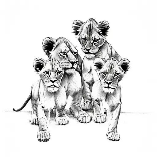 A Lion Holding 3 Small Lion Cubs