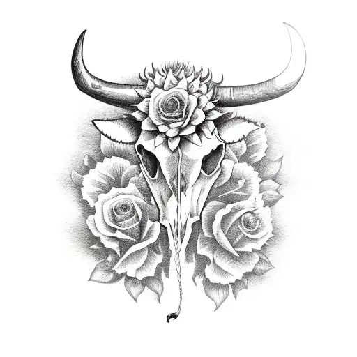 Cow Skull With Roses And Sunflowers