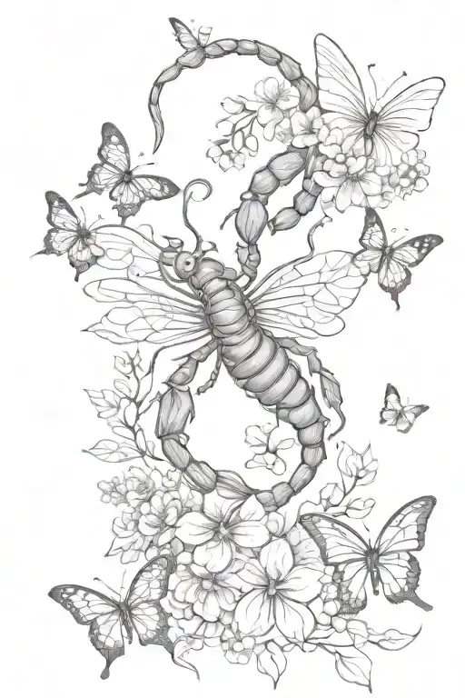 Scorpion Lines Connecting Various Butterflies With Flowers