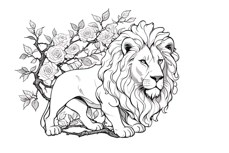 Lion Surrounded By Rose Tree Branch