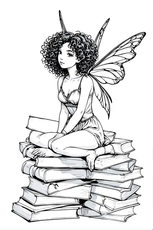 Curly Hair Black Girl As A Fairy Sitting On A Pile Of Books