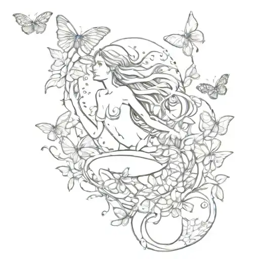 Swimming Mermaid Surrounded By A Garden Of Butterflies