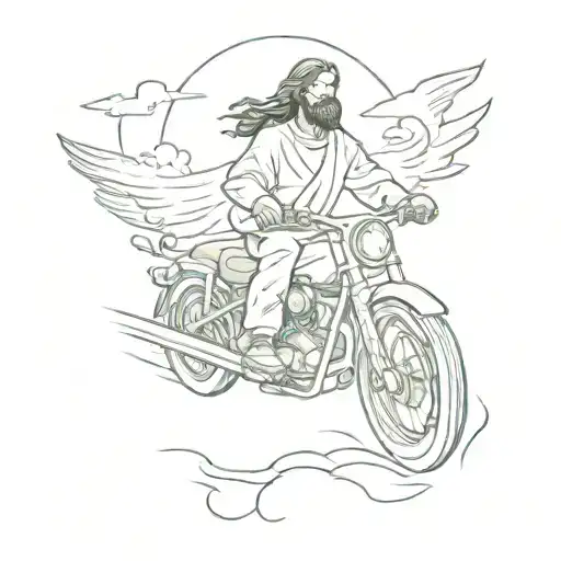 A Stylized Portrait Of Jesus Riding A Motorcycle Through A Heavenly Landscape