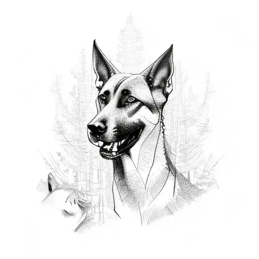 A Sketch-style Tattoo Of A Belgian Malinois Leading A Group Of Soldiers In A Dense Forest