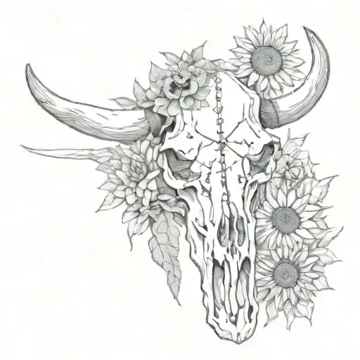 Bull Skull With Cactuses And Sunflowers Growing