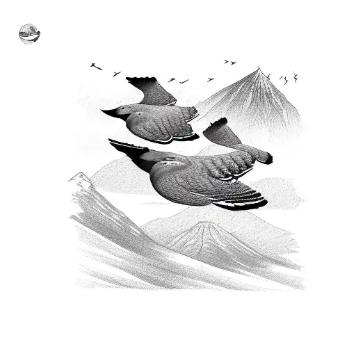 A Family Of Birds Flying Over A Mountain Range