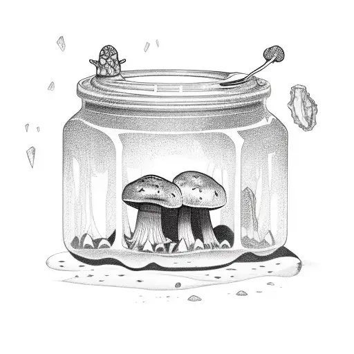 Crystal Jar With A Tooth Inside And Mushrooms Growing Outside Of The Jar