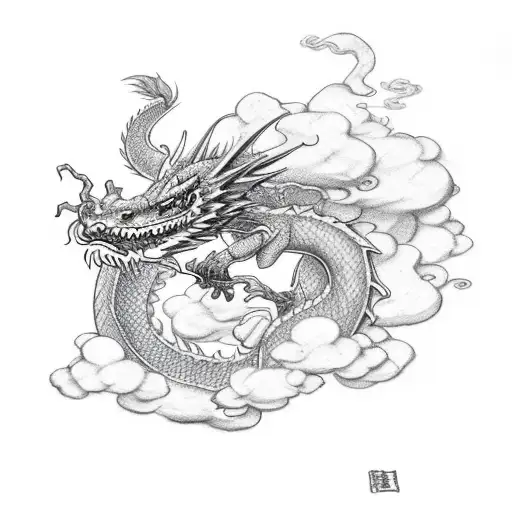 Dragon With Anime Clouds And Flowers