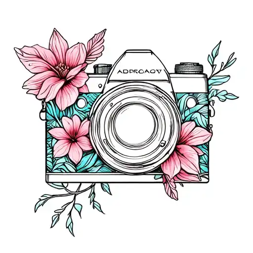 Camera With Flowers Bird Ocean Tattoo Design