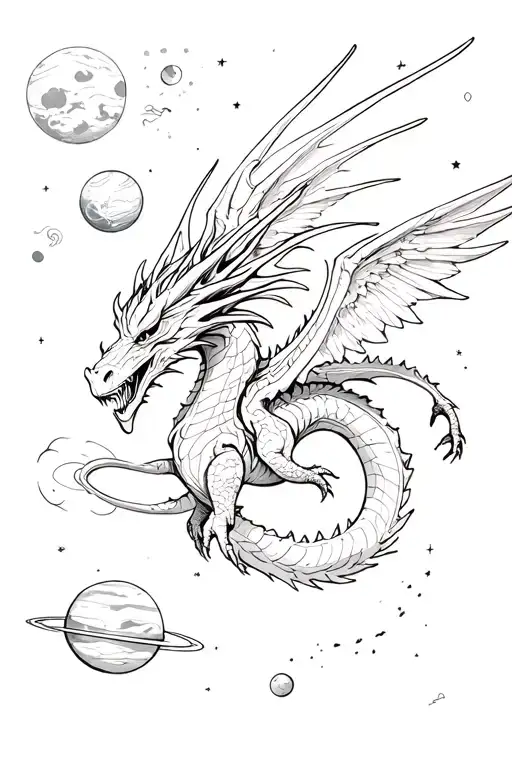 Dragon With Wings Space With Planets