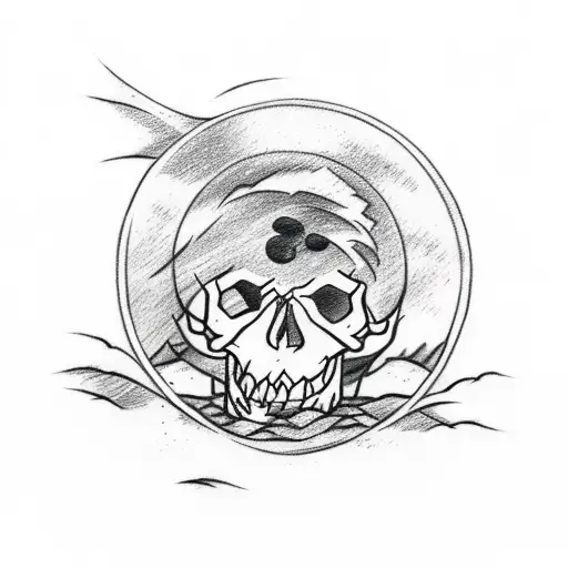 A Sketch Tattoo Of A Beach Scene With A Skull Buried In The Sand And A Wolf Howling At The Moon
