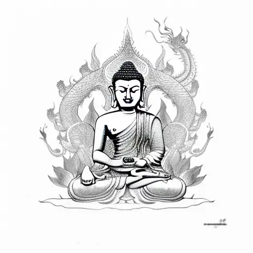 Buddha With Dragon And Lotus Flowers