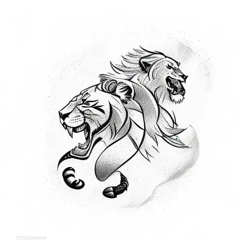 A Sketch-style Tattoo Showcasing A Lion And Scorpion Engaged In A Friendly Interaction